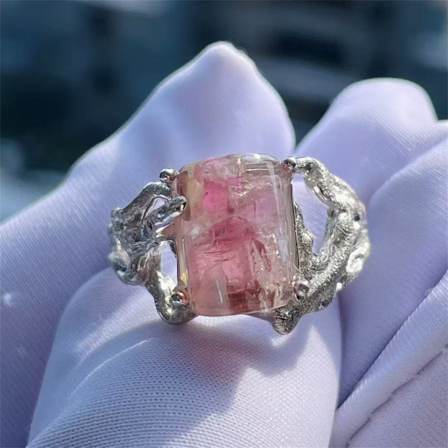 天然水晶包裹体粉碧玺矿物裸石银镶嵌戒指活口可调节饰品礼物,饰品/流行首饰/时尚饰品新,戒指/戒面,淘宝优惠券,粉丝福利购,淘宝优惠卷