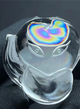 天然白水晶全包裹七彩虹花雕刻狐狸饰品男女款项链挂件吊坠特惠