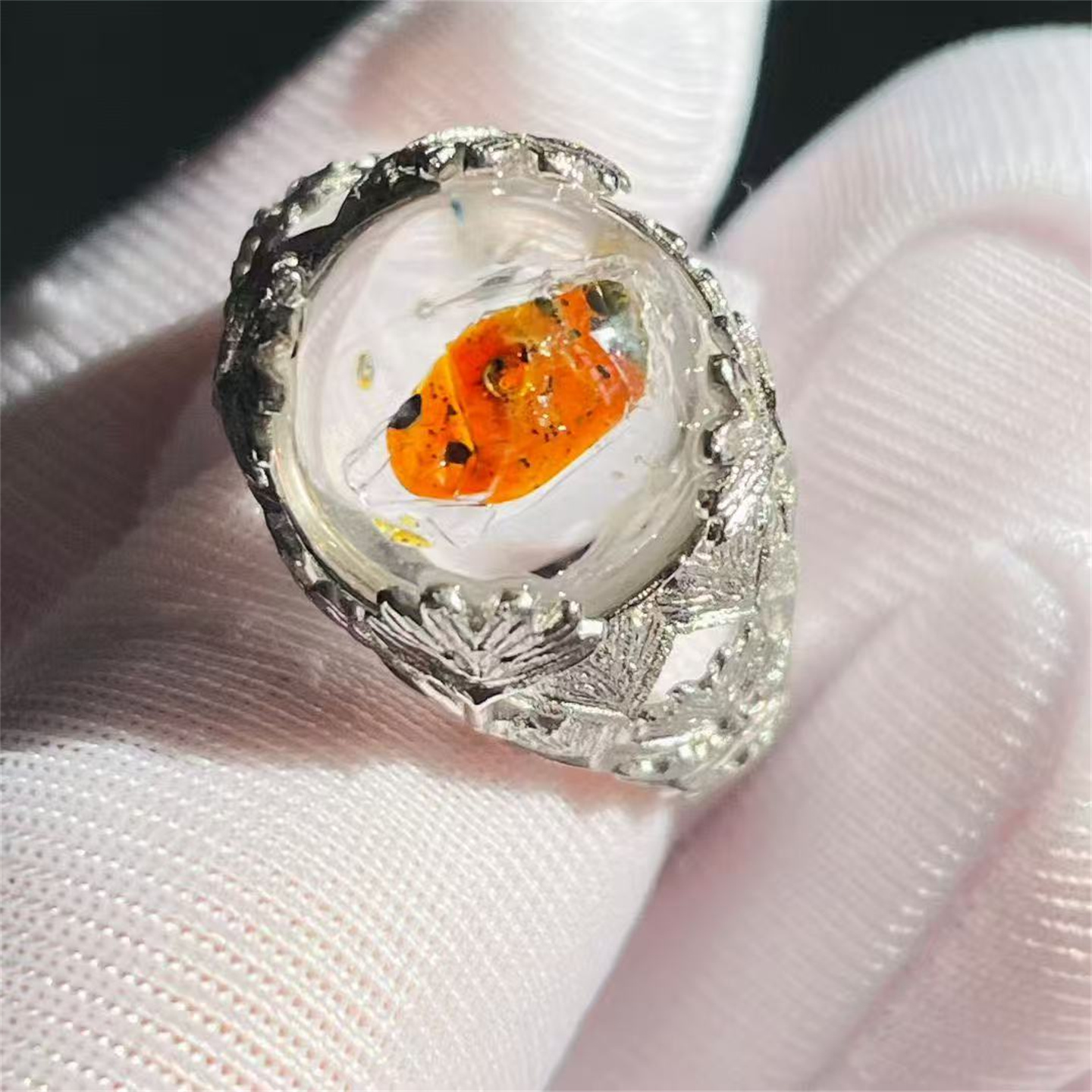 天然水晶全包裹油水胆异象圆珠11mm银镶戒指活口可调节饰品礼物