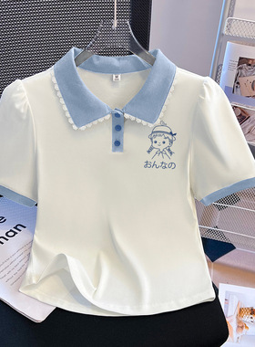 少女夏季假两件娃娃领正肩短袖T恤初中高中学生小清新POLO衫上衣