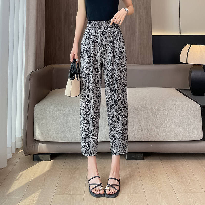 夏季冰丝凉感薄款九分哈伦裤女初中高中学生腰果花八分休闲直筒裤