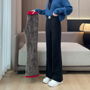 秋冬季特厚羊羔绒雪尼尔微喇裤女初中高中学生休闲加绒保暖喇叭裤