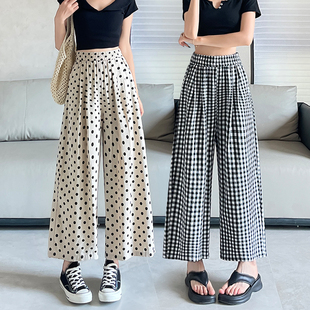 夏季薄款棉麻波点阔腿裤女初中高中学生高腰宽松休闲九分直筒裤子