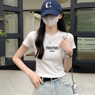 短袖圆领打底衫女初中高中学生显瘦白色高腰短款夏季修身半袖T恤