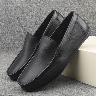 撤柜男士真皮商务休闲皮鞋牛皮套脚豆豆鞋软底软面缝制黑色男单鞋