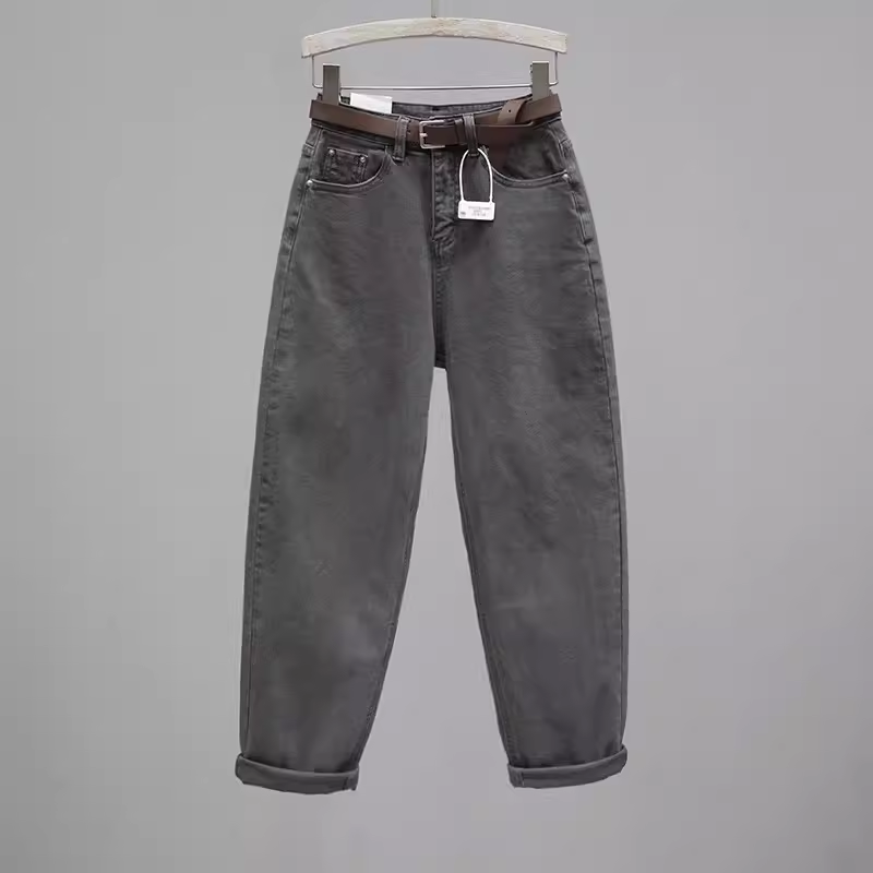 卡其色抓毛加厚牛仔裤女2025秋冬新款高腰哈伦裤时尚百搭加绒裤子