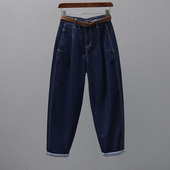 百搭哈伦裤 高腰宽松显瘦萝卜裤 潮 女长裤 2025春秋深蓝色牛仔老爹裤