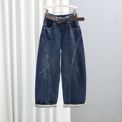 新款秋冬加绒加厚牛仔裤女宽松