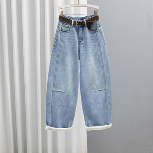 百搭老爹裤 2025冬季 潮时尚 女浅蓝色宽松显瘦哈伦裤 加绒加厚牛仔裤
