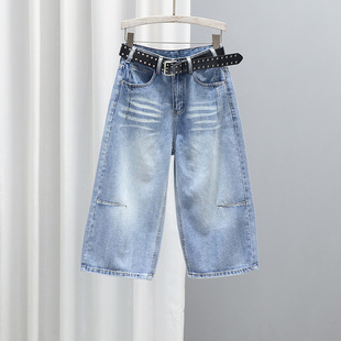 无弹中裤 夏季 复古百搭休闲百搭直筒裤 女2026款 高腰宽松7分牛仔裤