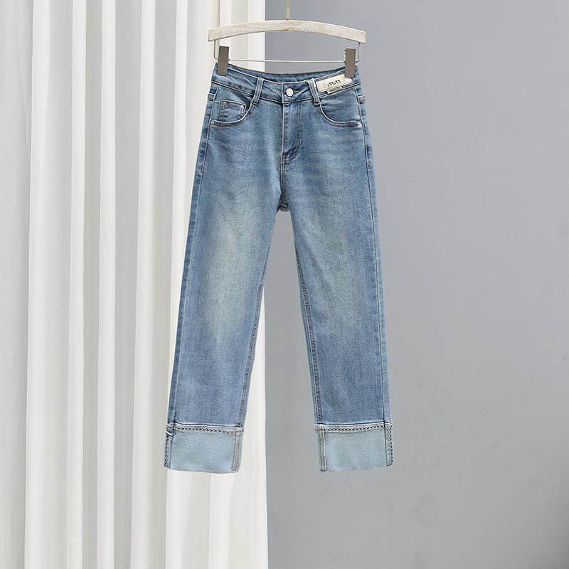 2025春季新款直筒烟管裤女复古浅蓝拼接撞色牛仔裤百搭显瘦九分裤,女装/女士精品,牛仔裤,淘宝优惠券,粉丝福利购,淘宝优惠卷