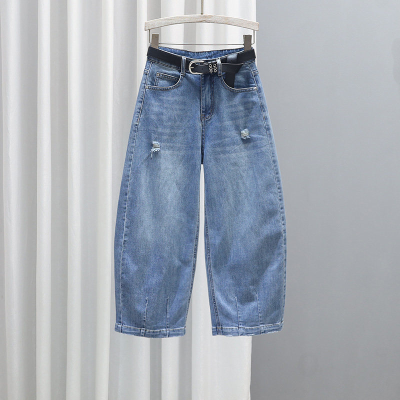 夏季破洞高腰9分牛仔裤女2026新款复古休闲百搭休闲显瘦弯刀裤子