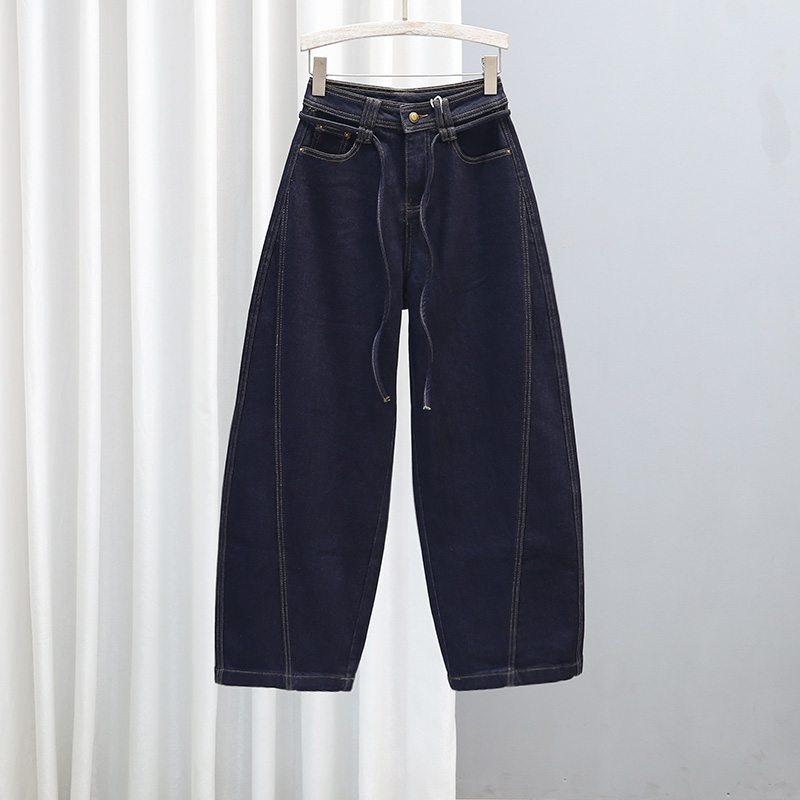 2025秋冬加厚牛仔裤女深蓝色抓绒显瘦系带宽松百搭哈伦弯刀裤长裤