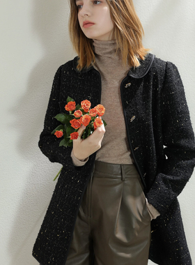 金丝粗花呢小香风娃娃领减龄中长款外套女黑色小个子羊毛呢子大衣
