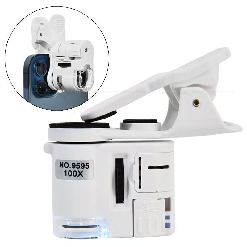 100倍LED灯放大镜迷你便携式手机夹拍照验钞80倍显微镜小学生教具