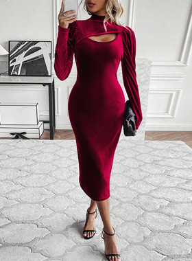 亚马逊2026欧美跨境性感辣妹丝绒设计感胸部镂空修身显瘦包臀长裙