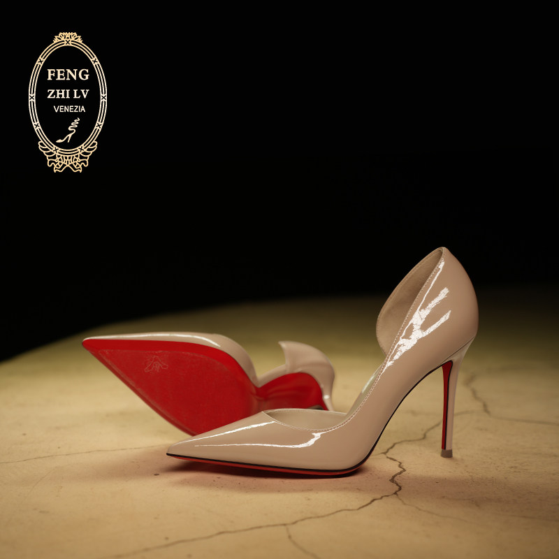 红底2026春夏新款气质漆皮裸色侧空高跟鞋女细跟尖头浅口真皮单鞋,女鞋,浅口单鞋,淘宝优惠券,粉丝福利购,淘宝优惠卷