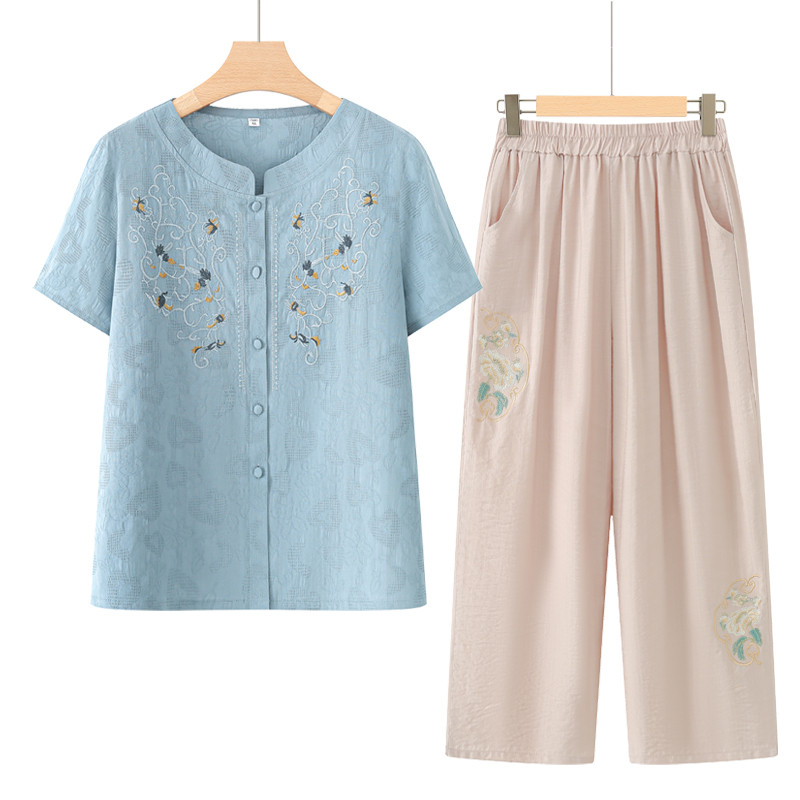 奶奶棉麻套装夏季宽松老太太衣服