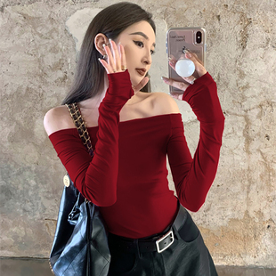 短款 性感修身 气质上衣 打底T恤女内搭秋季 辣妹一字肩露肩锁骨长袖