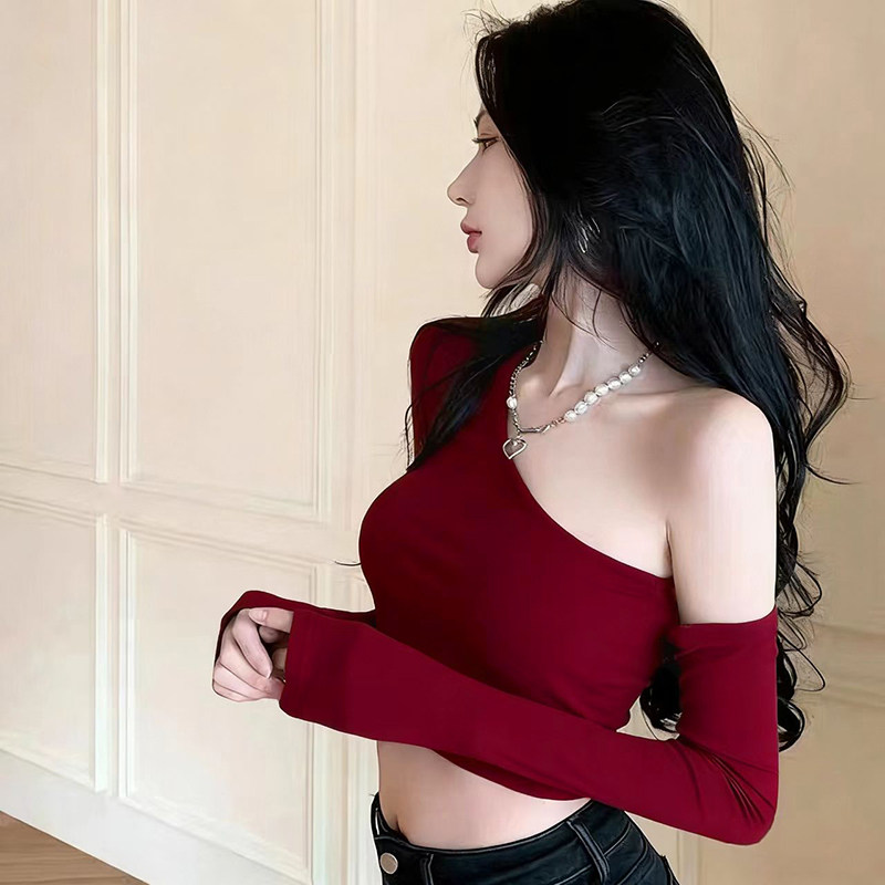 美式辣妹风斜肩露腰长袖T恤女紧身显瘦性感半露肩超短款个性上衣,女装/女士精品,T恤,淘宝优惠券,粉丝福利购,淘宝优惠卷