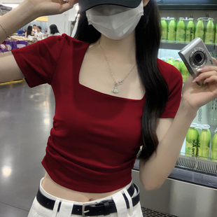 通勤漏肚脐短款 上衣女秋修身 收腰褶皱T恤棉 正肩方领简约短袖 韩版