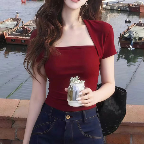 复古港方领短袖修身显瘦女T恤