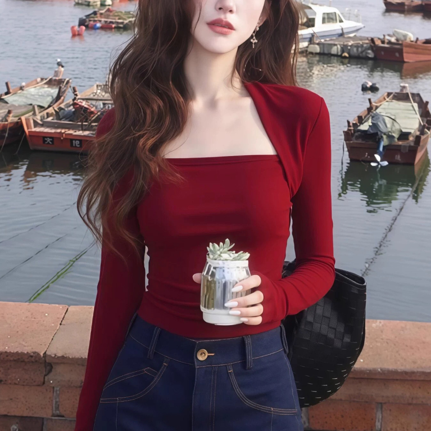 复古港风红色方领长袖T恤女秋修身显瘦打底衫通勤风套头内搭上衣