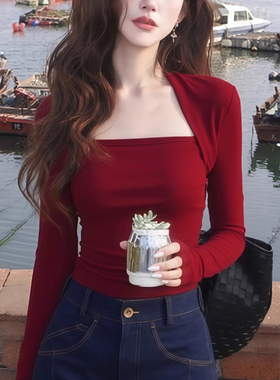 复古港风红色方领长袖T恤女秋修身显瘦打底衫通勤风套头内搭上衣