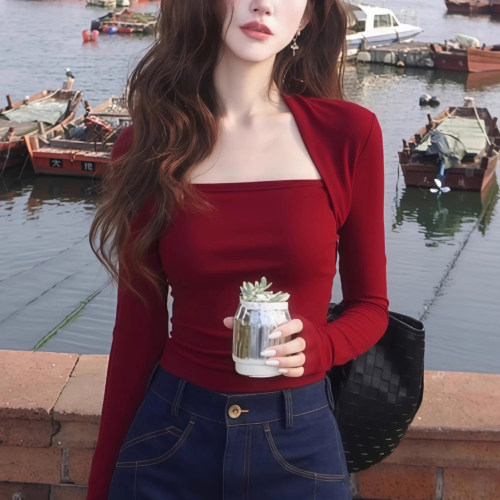 复古港方领长袖修身显瘦女T恤