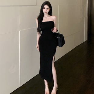 法式赫本风高级性感生日礼服开叉长款包臀抹胸吊带连衣裙女显身材