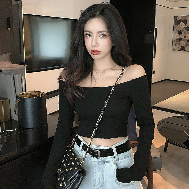 锁骨心机一字领露肩上衣女ins港风高腰露脐漏肚脐装t恤显瘦打底衫
