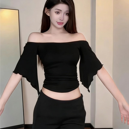 纯欲风设计感一字肩荷叶中袖T恤女露肩修身显瘦小众小资性感上衣