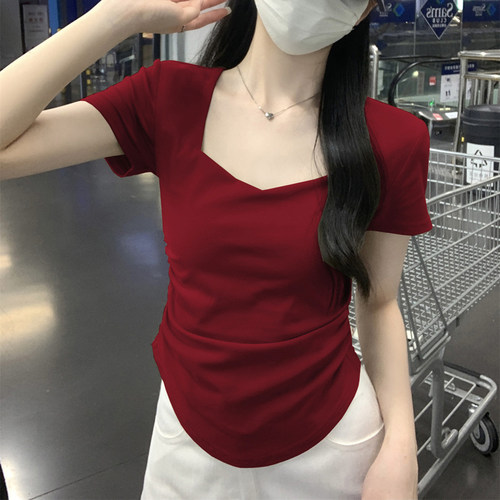 短袖百搭薄款褶皱螺纹棉女显瘦