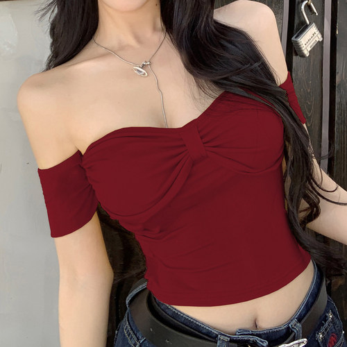 蝴蝶结一字肩抹胸紧身短款上衣女