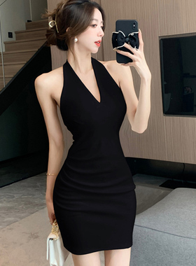 纯欲性感深V领挂脖连衣裙夏新款无袖气质名媛收腰显瘦包臀短裙子