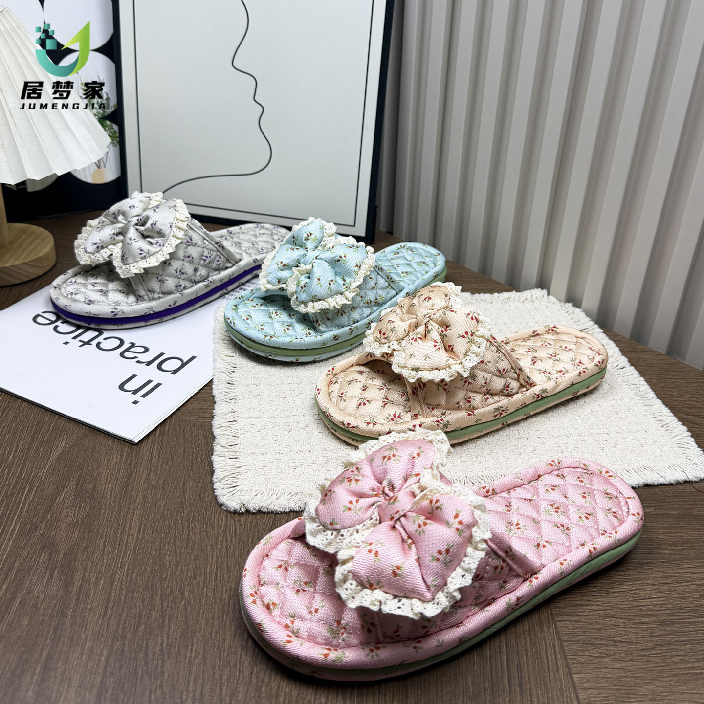 居梦家居碎花蝴蝶结布艺拖鞋女室内静音防滑软底四季可机洗不臭脚