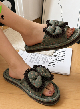 居梦家新款情侣复古碎花一字拖四季室内防滑韩版棉麻家居布艺拖鞋