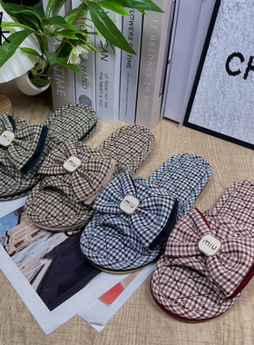 韩版格子男女士居家室内亚麻布底静音地板拖鞋情侣家用牛筋底四季