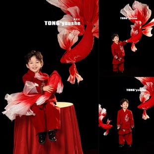 儿童摄影服装红色锦鲤新中式西装男孩影楼国风主题肖像写真道具