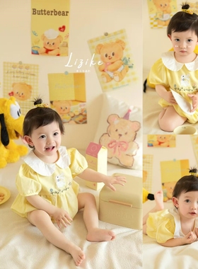 儿童摄影主题服装黄色居家风宝宝百天照周岁照拍照服装影楼道具