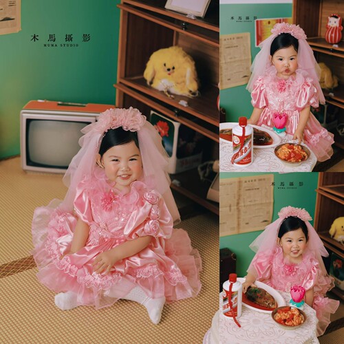 复古女童80年代粉色回忆复古婚纱公主裙粉色甜美怀旧古着摄影服装
