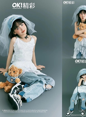 儿童摄影服装白色系主题韩杂风牛仔头纱蕾丝裙拍照道具大女孩写真