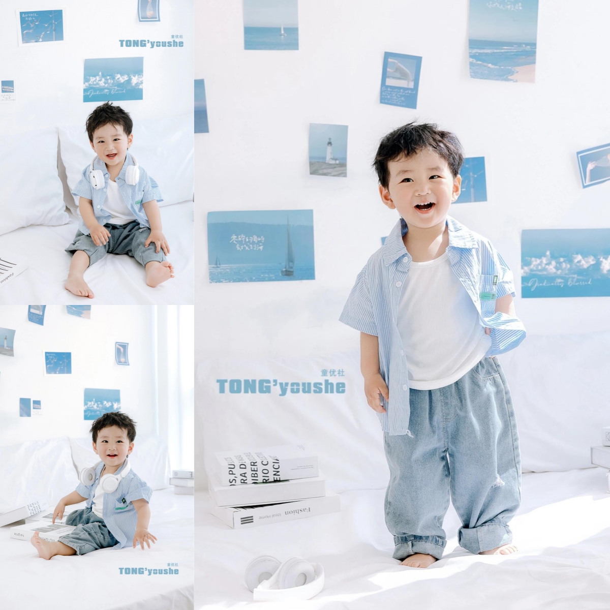 儿童摄影服装蓝色条纹衬衫男孩