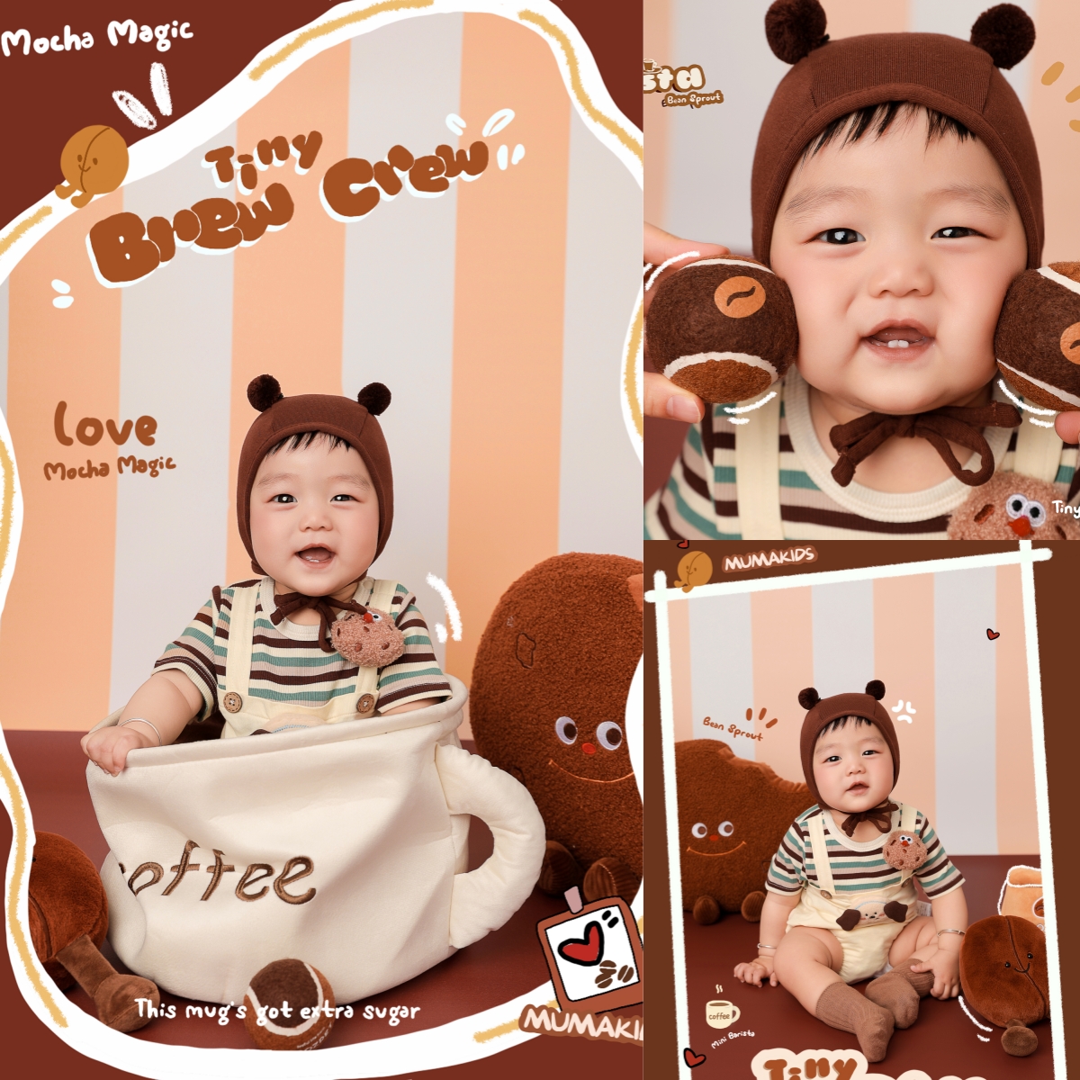 儿童摄影服装咖色系M豆卡通主题宝宝百天照周岁照拍照服装道具