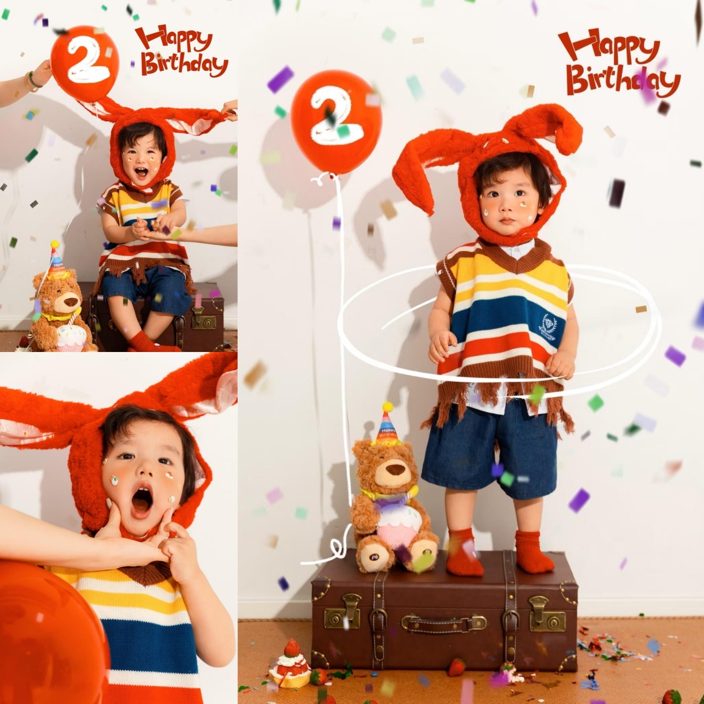 儿童摄影服装红色长耳朵兔子帽男女宝宝2-4岁生日写真艺术照拍照