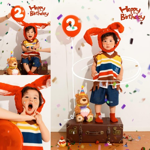 儿童摄影服装红色长耳朵兔子帽男女宝宝2-4岁生日写真艺术照拍照