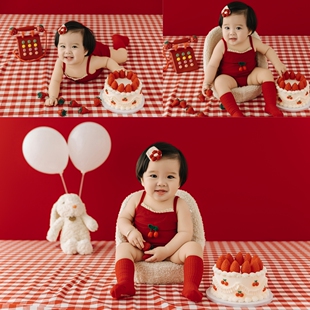 儿童摄影草莓主题宝宝百天照周岁照拍照服装水果草莓蛋糕拍照道具