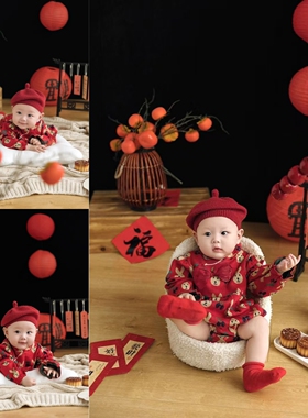 儿童摄影服装红色新年宝宝百天照周岁照拍照主题服装复古风男童