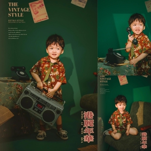 儿童摄影服装怀旧复古港风男童花衬衫儿童表演啦啦队演出服装