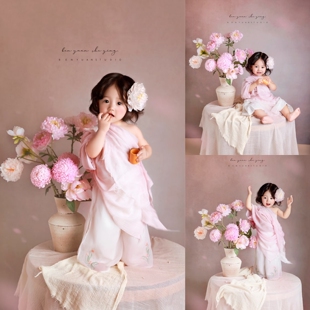 国风主题儿童摄影服装粉色芍药小花神女童古风拍照衣服影楼艺术照